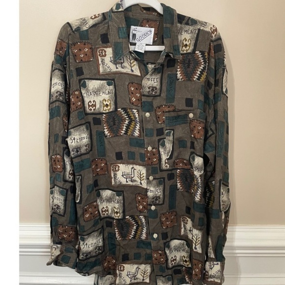 Goouch Vintage 100% Silk Abstract Tribal Print Button Down Shirt Size M